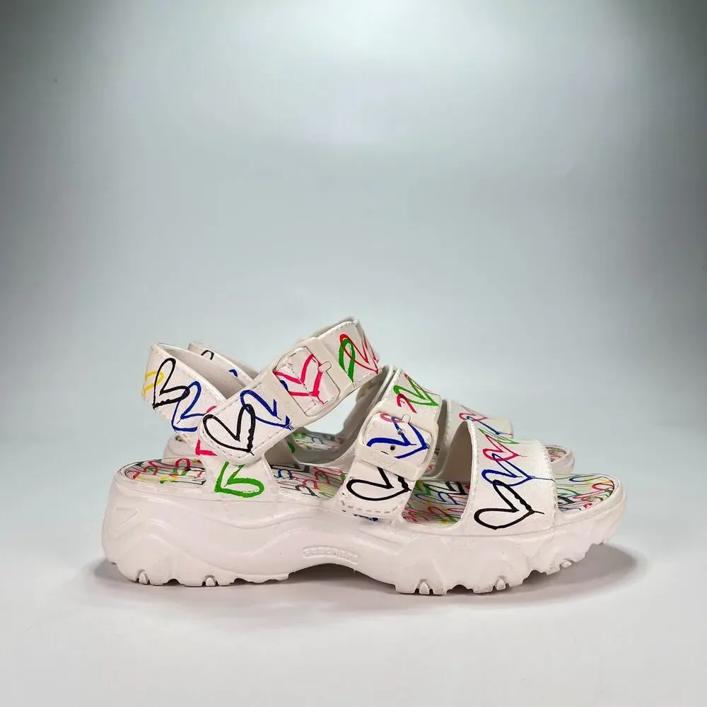 Skechers x JGoldcrown D'Lites 2.0 Heart You White Multi Sandals Women's Size 8